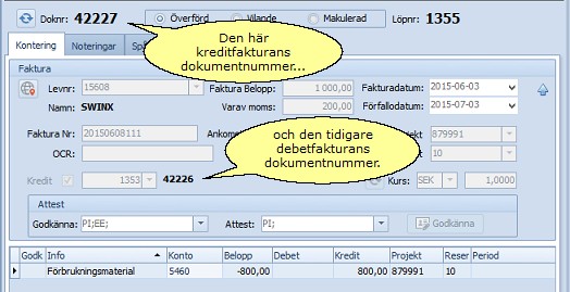 Överförda debet och kredit dokumentnr