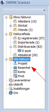 Projekt och resultatenhet i menyn