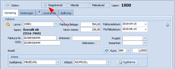 Specialfunktioner Vilande-återställd faktura