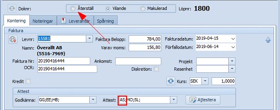 Specialfunktioner Vilande-godkänd faktura vilande återställa