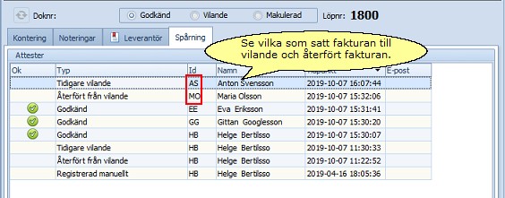 Specialfunktioner Vilande-godkänd faktura vilande återställd spårning