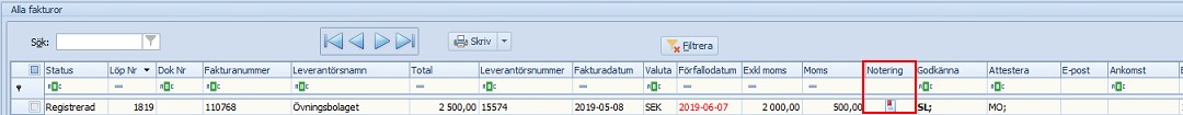 Specialfunktioner Noteringar-notisar lista