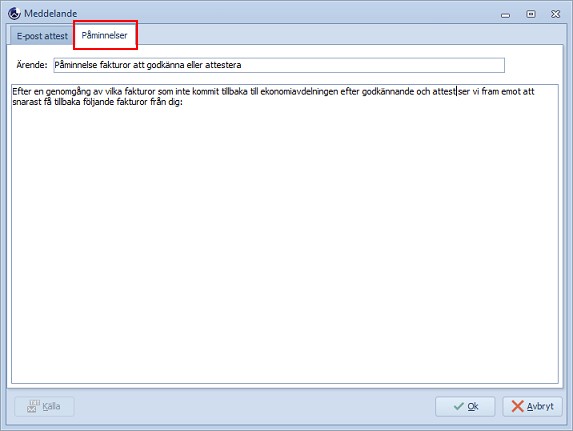 Grunder inställningar epost-påminnelsetext påminnelser