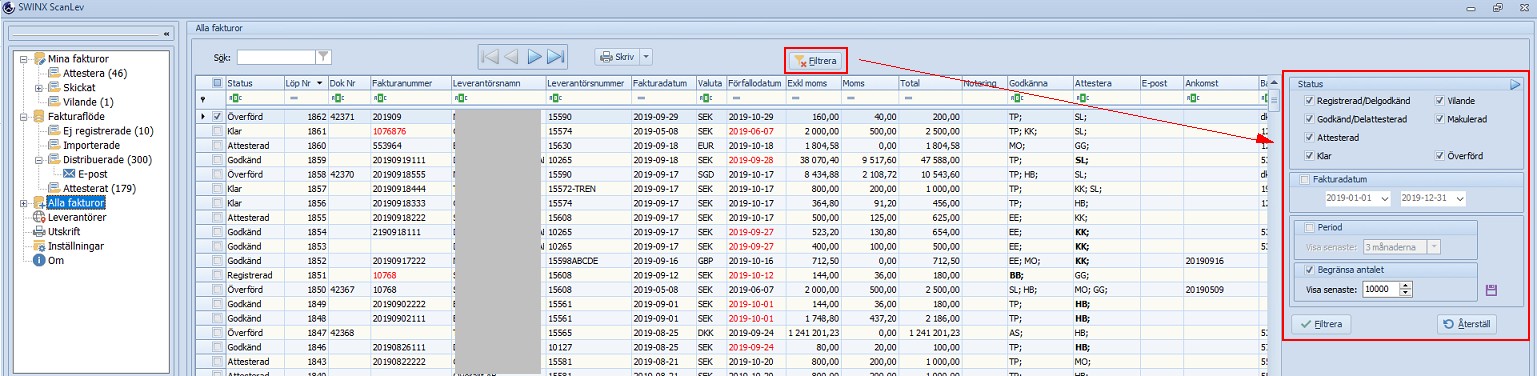 Arbetsgång hitta-alla fakturor filtreraknapp