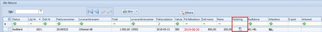 Specialfunktioner Noteringar-notering lista