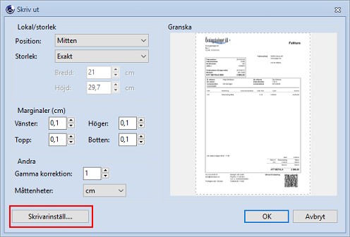 Arbetsgång utskrift-enstaka faktura skrivarinställning