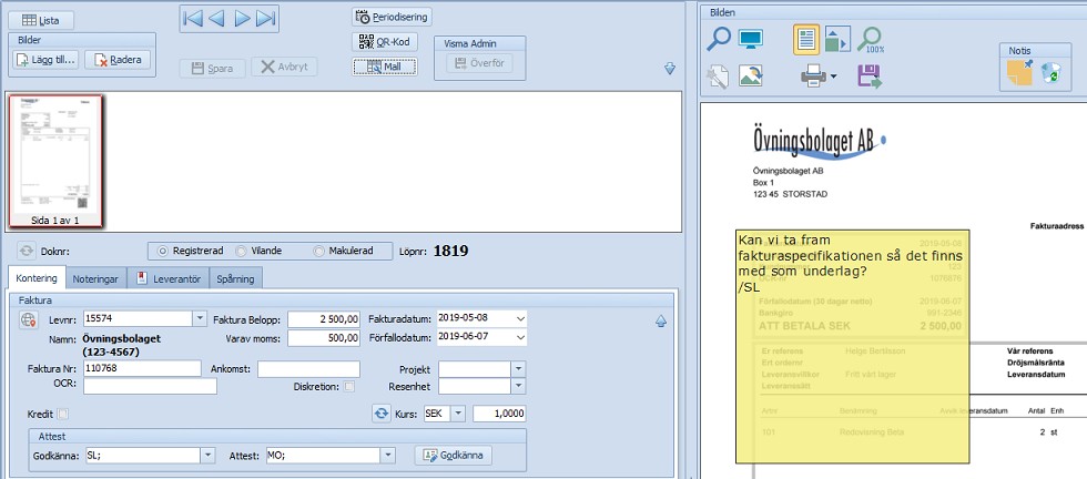 Specialfunktioner Noteringar-notisar faktura